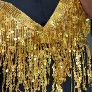Gold Sequin Fringe Bikini Top plus red hip scarf